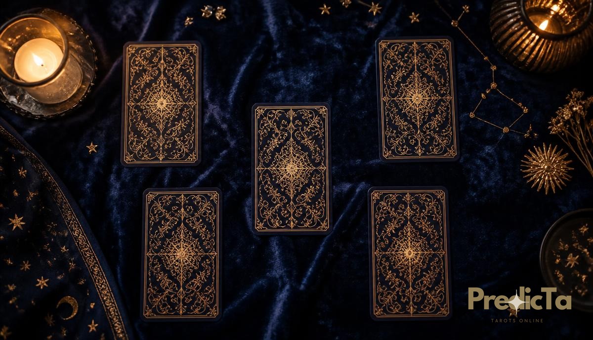 Cinq cartes de tarot au dos doré disposées en tirage sur velours bleu nuit, éclairées par une bougie