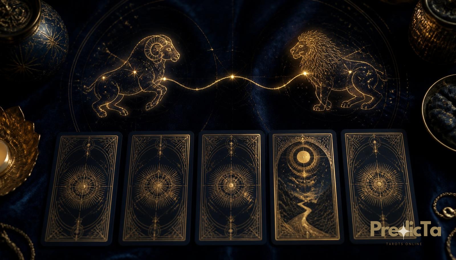 Cinq cartes de tarot au dos doré sur velours bleu nuit, avec deux constellations zodiacales dorées reliées par un fil de lumière