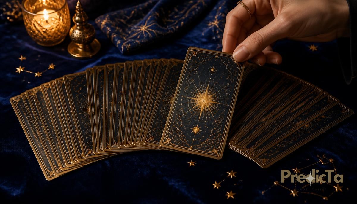 Éventail de cartes de tarot au dos doré sur velours bleu nuit, une carte soulevée par une main