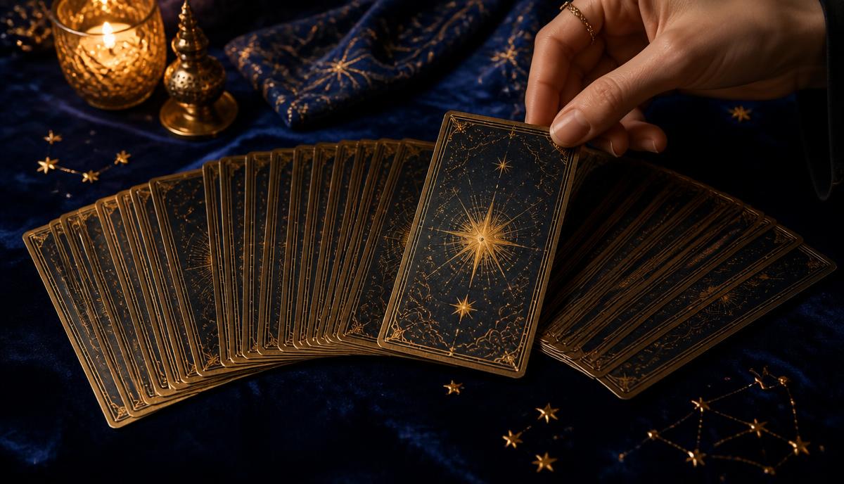 Ventaglio di tarocchi dal dorso dorato su velluto blu notte, una carta sollevata dalla mano