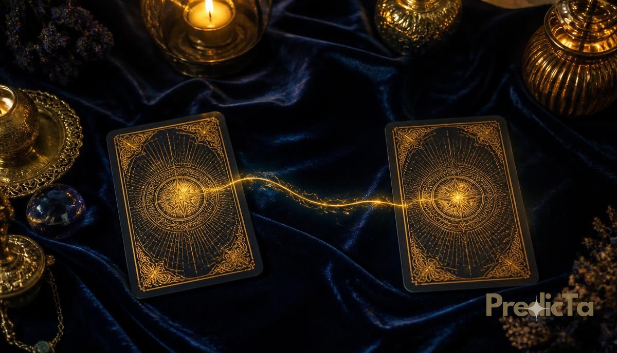 Deux cartes de tarot au dos doré sur velours bleu nuit, reliées par un fin fil de lumière